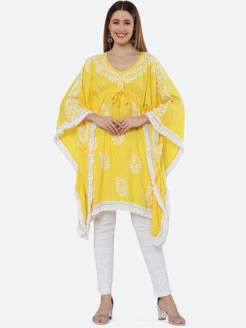

FAWOMENT Yellow Ethnic Motifs Embroidered Flared Sleeves Chikankari Kaftan Kurta