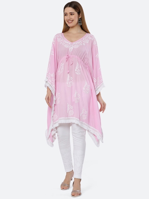 

FAWOMENT Pink Motifs Hand Embroidered Chikankari Kaftan Kurta