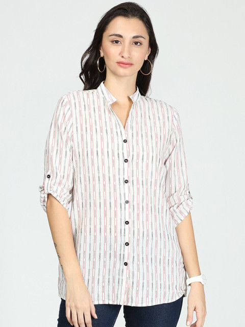 

IDK White Striped Mandarin Collar Roll-Up Sleeves Shirt Style Top