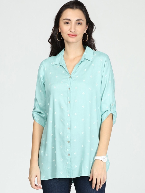 

IDK Turquoise Blue Print Roll-Up Sleeves Shirt Style Top