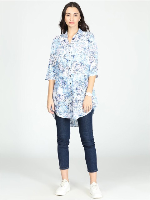 

IDK White Floral Print Roll-Up Sleeves Shirt Style Longline Top