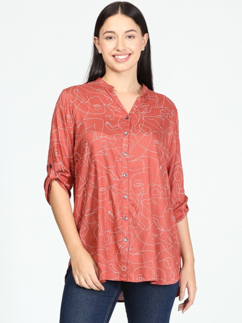 

IDK Rust Print Mandarin Collar Longline Top