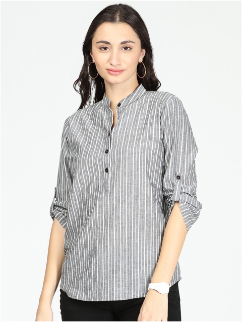 

IDK Grey Striped Mandarin Collar Roll-Up Sleeves Cotton Shirt Style Top