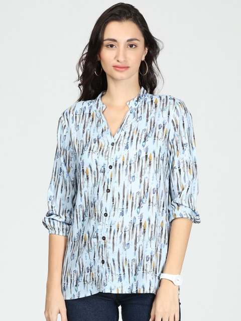 

IDK Blue Print Roll-Up Sleeves Shirt Style Top