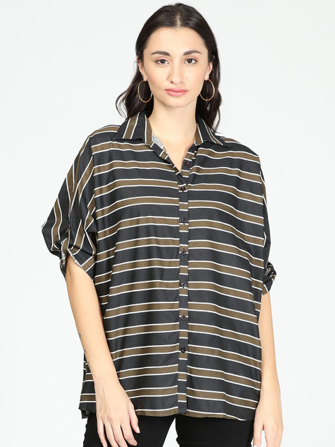 

IDK Brown & Black Striped Roll-Up Sleeves Top