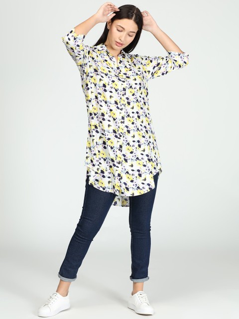 

IDK White Floral Print Shirt Style Longline Top