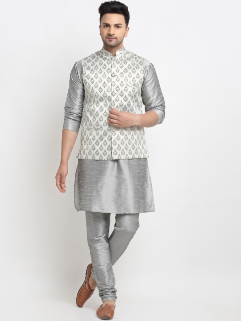 

Kaifoo Men Grey Solid Kurta With Churidar & Nehru Jacket