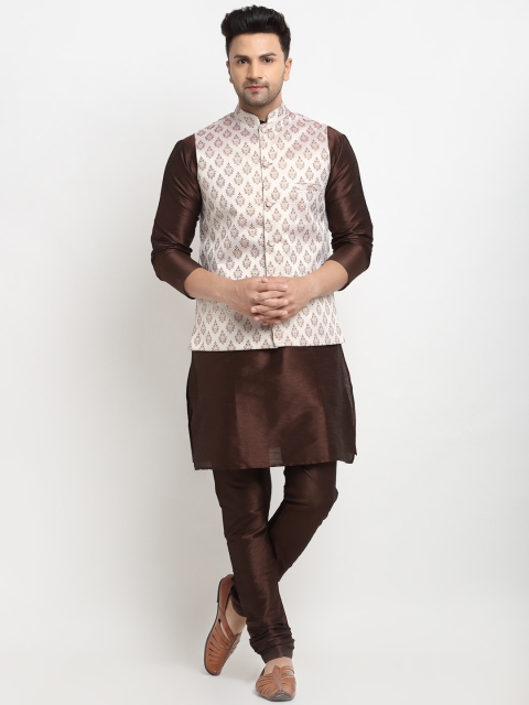 

Kaifoo Men Brown Solid Kurta With Churidar & Nehru Jacket