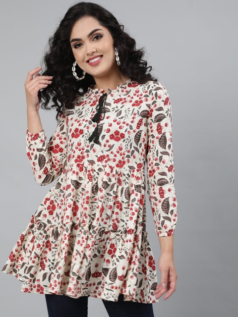 

GULMOHAR JAIPUR Off-White & Maroon Floral Print Tie-Up Neck Longline A-line Top