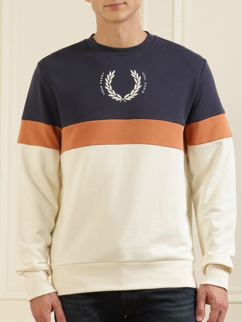 

Fred Perry Men Cream-Coloured & Navy Blue Colourblocked Logo Sweatshirt