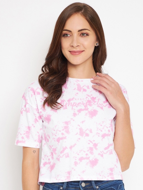 

Madame Women White & Pink Abstract Printed Cotton Crop Top
