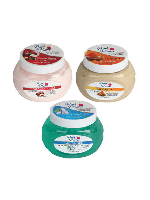 

Pink Plums Paraben Free Massage Cream-Face Pack-Facial Gel Combo - 250 ml Each
