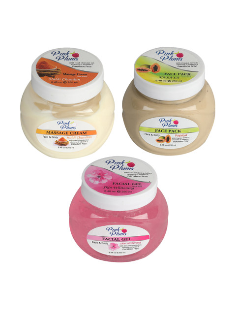 

Pink Plums Paraben Free Massage Cream-Face Pack-Facial Gel Combo - 250 ml Each, Off white