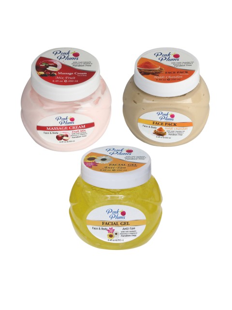 

Pink Plums Skin Care Kit - Massage Cream - Face Pack - Facial Gel - 250 ml each, Multi