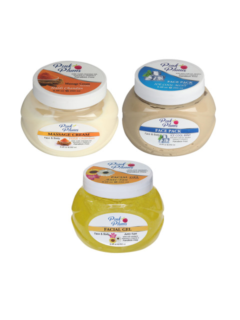 

Pink Plums Skin Care Kit - Massage Cream - Face Pack - Facial Gel - 250 ml each, Multi