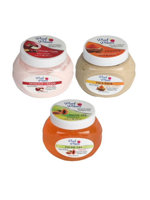 

Pink Plums Skin Care Kit - Massage Cream - Face Pack - Facial Gel - 250 ml each, Multi