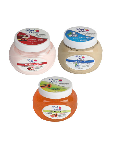 

Pink Plums Skin Care Kit - Massage Cream - Face Pack - Facial Gel - 250 ml each, Multi