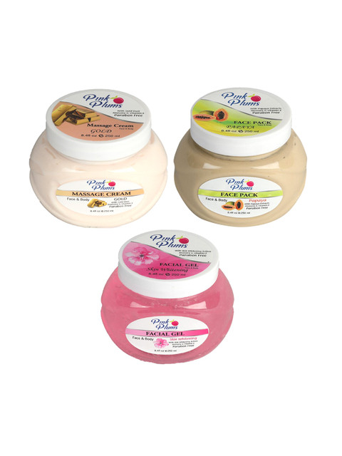 

Pink Plums Skin Care Kit - Massage Cream - Face Pack - Facial Gel - 250 ml each, Multi