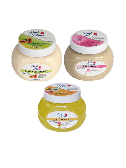 

Pink Plums Skin Care Kit - Massage Cream - Face Pack - Facial Gel - 250 ml each, Multi