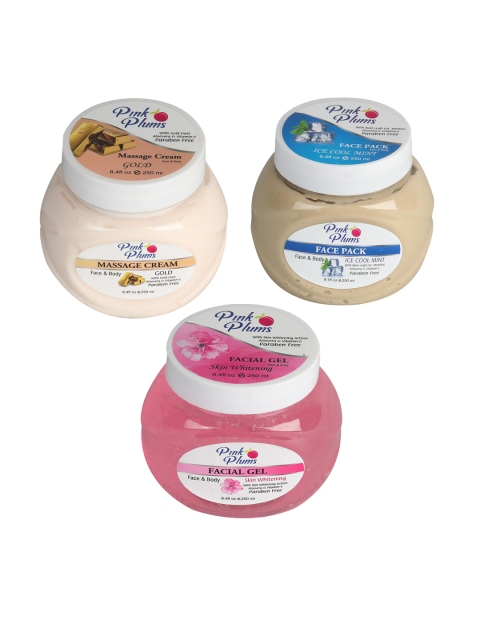 

Pink Plums Skin Care Kit - Massage Cream - Face Pack - Facial Gel - 250 ml each, Multi