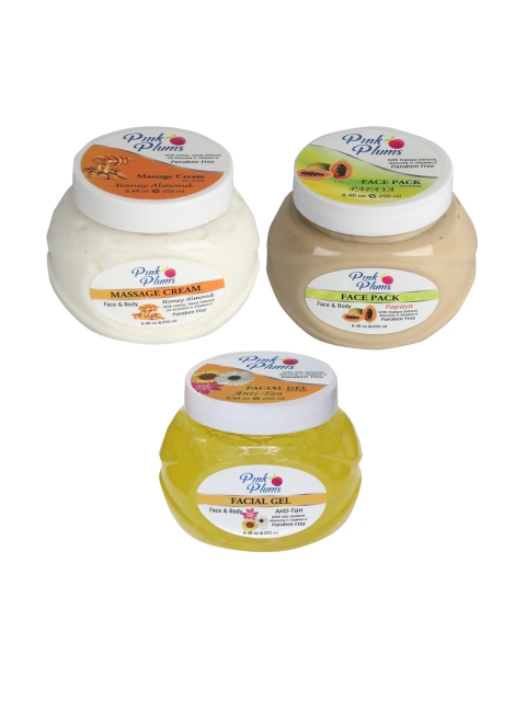 

Pink Plums Skin Care Kit - Massage Cream - Face Pack - Facial Gel - 250 ml each, Multi