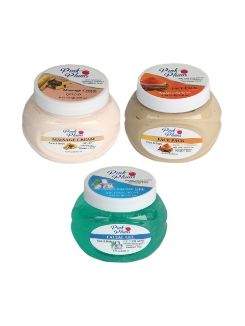 

Pink Plums Skin Care Kit - Massage Cream - Face Pack - Facial Gel - 250 ml each, Multi