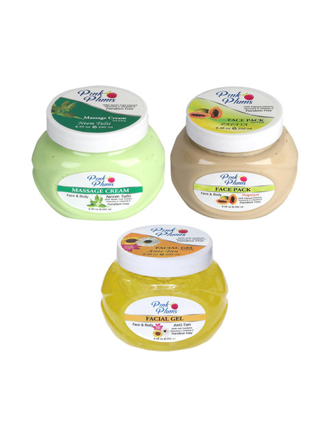 

Pink Plums Skin Care Kit - Massage Cream - Face Pack - Facial Gel - 250 ml each, Multi