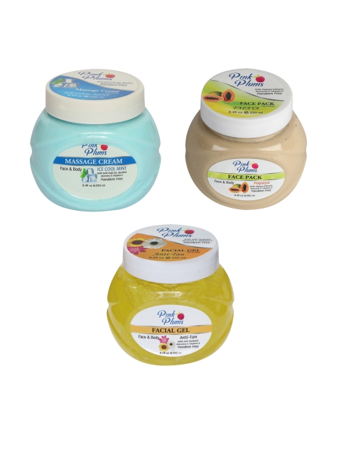 

Pink Plums Skin Care Kit - Massage Cream - Face Pack - Facial Gel - 250 ml each, Multi