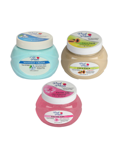 

Pink Plums Skin Care Kit - Massage Cream - Face Pack - Facial Gel - 250 ml each, Multi