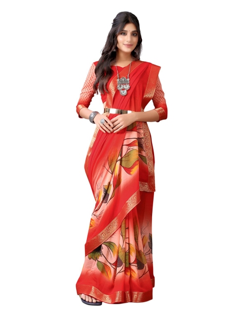 

KALINI Red & Pink Floral Printed Zari Pure Chiffon Saree