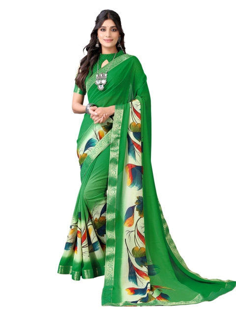 

KALINI Green & White Floral Pure Chiffon Saree