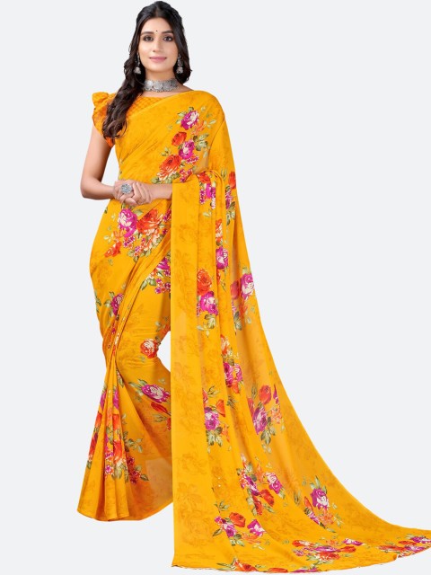 

KALINI Yellow & Pink Floral Printed Zari Poly Georgette Saree