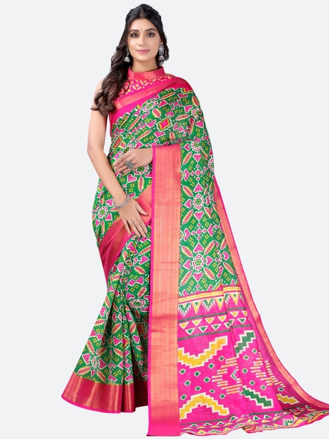 

KALINI Green & Pink Ethnic Motifs Printed Zari Patola Saree