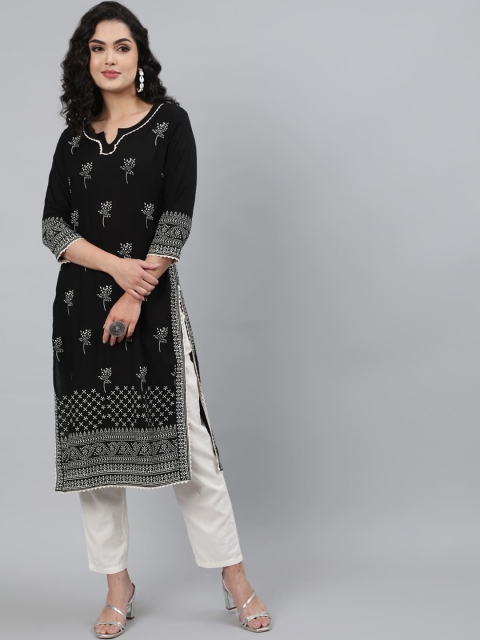 

GULMOHAR JAIPUR Women Black Geometric Printed Thread Work Kurta