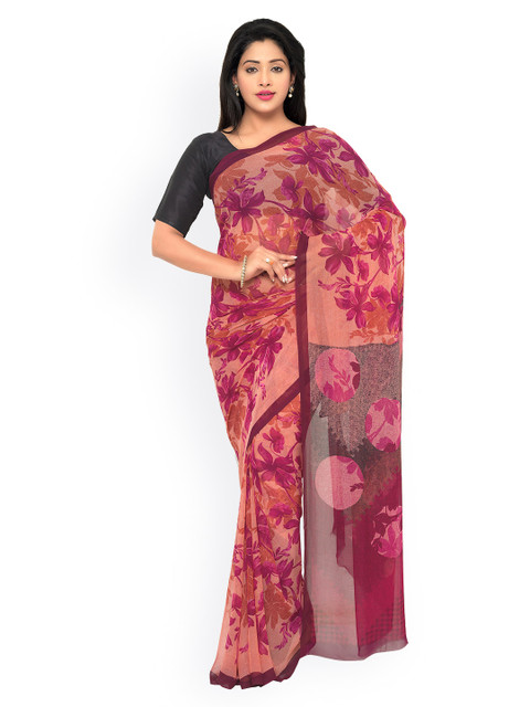 

Kvsfab Peach-Coloured & Purple Georgette Printed Saree