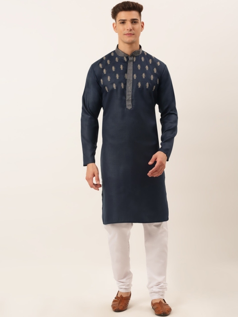 

Jompers Men Navy Blue Embroidered Pure Cotton Kurta With Churidar
