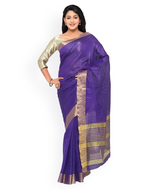 

Kvsfab Blue Striped Cotton Silk Traditional Saree