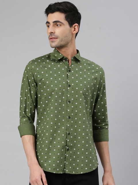 

MR BUTTON Men Green & White Smart Slim Fit Printed Cotton Casual Shirt