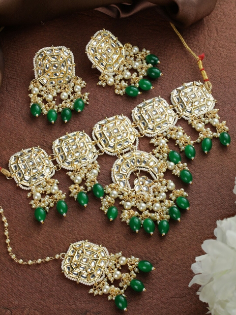 

Priyaasi Gold-Plated White & Green Kundan-Studded & Pearl Beaded Jewellery Set