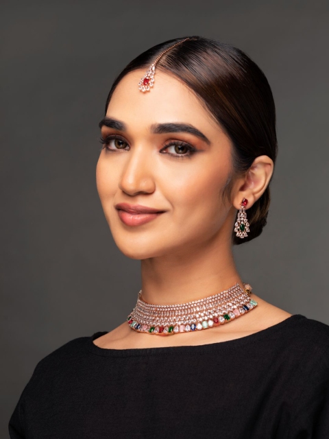 

Priyaasi Rose Gold-Plated Multi-Coloured AD Stone-Studded Jewellery Set