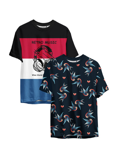 

mezmoda Boys Pack of 2 Navy Blue & Black Printed Sublimation T-shirts