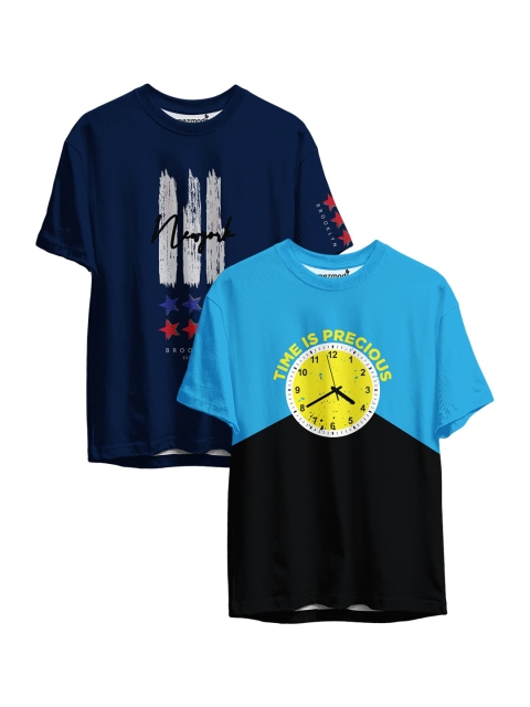 

mezmoda Boys Pack of 2 Navy Blue & Blue Printed Sublimation T-shirts
