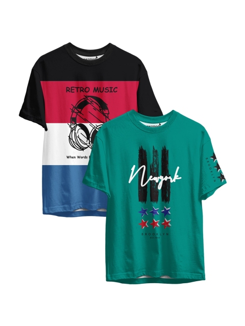 

mezmoda Boys Pack of 2 Teal Green & Red Typography Printed Sublimation T-shirts