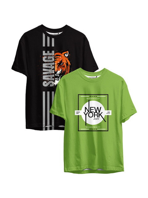 

mezmoda Boys Pack of 2 Black & Green Printed Sublimation T-shirts