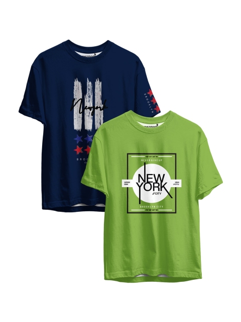 

mezmoda Boys Pack of 2 Navy Blue & Green Printed Sublimation T-shirts