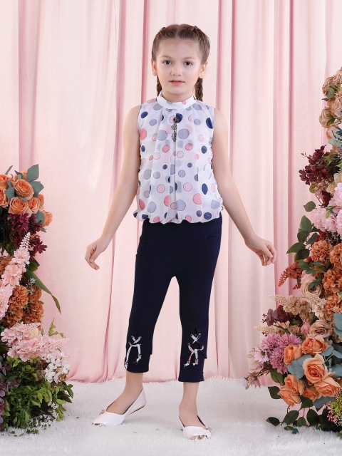 

POPLINS Girls White & Navy Blue Printed Top with Capris