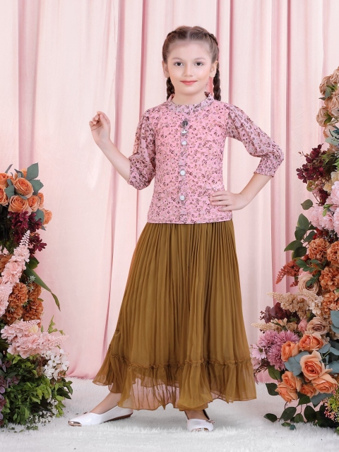 

POPLINS Girls Pink & Olive Green Printed Pure Cotton Top with Skirt