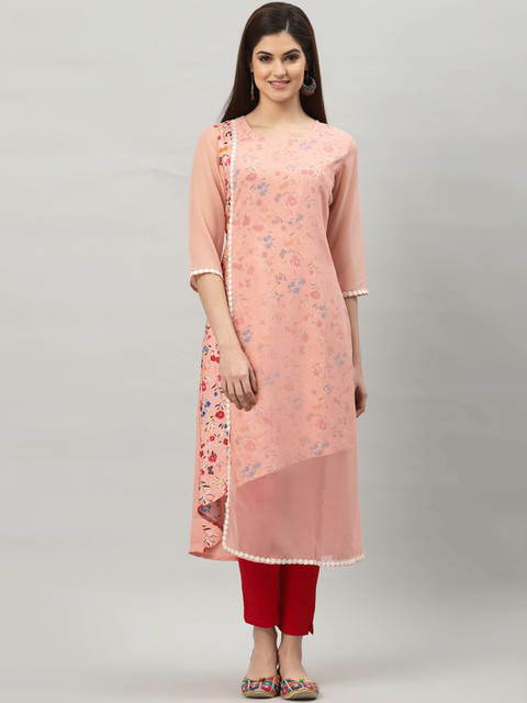

ALC Creations Women Peach-Coloured & Blue Printed Floral Crepe Kurta
