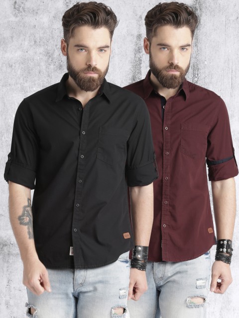 

Roadster Pack of 2 Solid Casual Shirts, Maroon