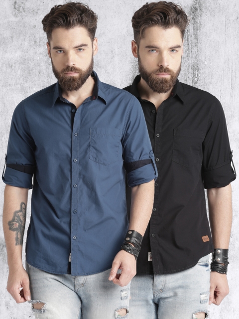 

Roadster Pack of 2 Solid Casual Shirts, Black